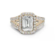 Emerald Cut Halo Pavé Engagement Ring Setting | Narrow Split Shank | Yellow Gold