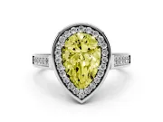 Fancy Yellow Pear Cut Diamond Halo Solitaire Ring Set in Platinum with Pavé Band and Bezel Setting