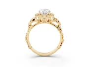 Oval Cut Diamond Halo Ring Set in Yellow gold with Scrollwork Band and Prong Setting