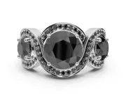 Round Three Stone Halo Engagement Ring Setting for a Black Center | Pavé Wave Band | White Gold
