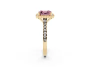 Fancy Pink Asscher Cut Diamond Milgrain Floral Halo Engagement Ring Set in Yellow gold with Pavé Band