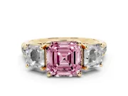 Asscher Cut Three Stone Engagement Ring Setting for a Fancy Pink Lab-Grown Diamond | Accented Shoulders | Yellow Gold