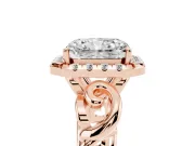 Radiant Cut Diamond Halo Ring Set in Rose gold with Scrollwork Band and Prong Setting