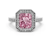 Fancy Pink Radiant Cut Diamond Halo Engagement Ring Set in Platinum with Pavé Band and Round Halo Stones