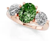 Fancy Green Oval Cut Diamond Three-Stone Ring Set in Rose gold with Prong Setting and Classic Band