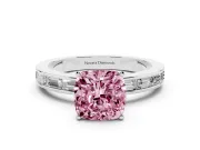 Fancy Pink Cushion Cut Diamond Solitaire Ring Set in Platinum with Channel-Set Baguette Band and Prong Setting