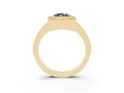 Fancy Black Radiant Cut Diamond Halo Engagement Ring Set in Yellow gold with Pavé Band and Round Halo Stones