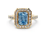 Emerald Cut Milgrain Halo Engagement Ring Setting for a Fancy Blue Lab-Grown Diamond | Pavé Shoulders | Yellow Gold