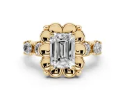 Emerald Cut Floral Engagement Ring Setting | Petal Frame and Side Stones | Yellow Gold