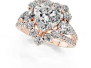 Heart Cut Diamond Halo Split Shank Engagement Ring Set in Rose gold with Prong-Held Center Stone
