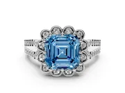 Asscher Cut Floral Halo Engagement Ring Setting for a Fancy Blue Lab-Grown Diamond | Pavé Split Shank | Sterling Silver