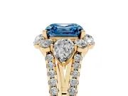 Fancy Blue Asscher Cut Diamond Halo Split Shank Engagement Ring Set in Yellow gold with Prong-Held Center Stone