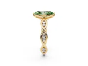 Fancy Green Marquise Cut Diamond Twist Band Solitaire Ring Set in Yellow gold with Leaf Prong Setting and Accent Stones