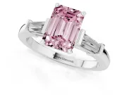 Fancy Pink Emerald Cut Diamond Solitaire Ring Set in White gold with Tapered Baguette Accents and Prong Setting