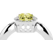 Fancy Yellow Oval Cut Diamond Halo Engagement Ring Set in White gold with Plain Split Shank and Prong Setting