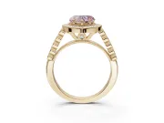Fancy Pink Heart-Shaped Lab-Grown Diamond Milgrain Halo Solitaire Ring Set in Yellow Gold with Bezel Set Side Stones and Pavé Band