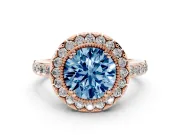 Round Vintage Milgrain Halo Engagement Ring Setting for a Fancy Blue Lab-Grown Diamond | Pierced Gallery | Rose Gold