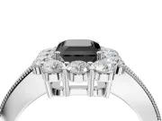 Fancy Black Emerald Cut Lab-Grown Diamond Halo Pavé Engagement Ring Set in Platinum with Milgrain Detailing