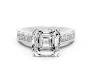 Asscher Cut Diamond Solitaire Ring Set in Silver with Channel-Set Band and Prong Setting