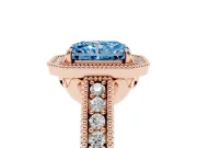 Fancy Blue Radiant Cut Diamond Halo Ring Set in Rose gold with Round Accent Halo, Pavé Band and Prong Setting
