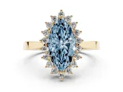 Fancy Blue Marquise Cut Diamond Halo Ring Set in Yellow gold with Round Halo and Smooth Solitaire Band