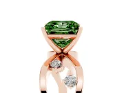 Fancy Green Princess Cut Diamond Solitaire Ring Set in Rose gold with Side Stones on Criss-Cross Band and Prong Setting