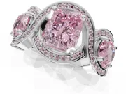 Radiant Cut Three Stone Halo Engagement Ring Setting for a Fancy Pink Lab-Grown Diamond | Pavé Wave Band | Platinum