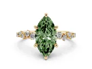 Fancy Green Marquise Cut Diamond Solitaire Vine Band Ring Set in Yellow gold with Round Accents and Prong Setting