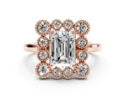 Emerald Cut Vintage Milgrain Bezel Cluster Halo Engagement Ring Setting | Plain Band | Rose Gold