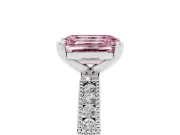 Fancy Pink Emerald Cut Diamond Solitaire Ring Set in Silver with Slim Pavé Band and Prong Setting