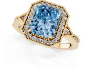 Fancy Blue Radiant Cut Diamond Halo Engagement Ring Set in Yellow gold with Milgrain Pavé Band