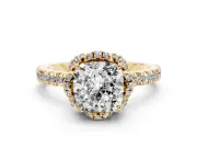Cushion Cut Diamond Halo Pavé Band Ring Set in Yellow gold with Prong-Held Center