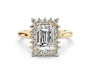 Emerald Cut Starburst Halo Engagement Ring Setting | Thin Plain Band | Yellow Gold