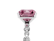 Fancy Pink Asscher Cut Diamond Prong Set Engagement Ring Set in Platinum with Round Accent Pavé Band