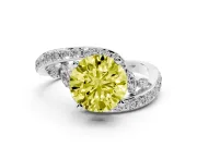 Fancy Yellow Round Cut Diamond Solitaire Ring Set in Platinum with Pavé Twist Band and Secure Prong Setting