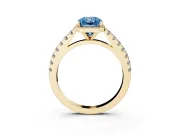 Fancy Blue Radiant Cut Diamond Halo Engagement Ring Set in Yellow gold with Pavé Band and Prong Setting