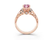 Fancy Pink Cushion Cut Diamond Filigree Halo Engagement Ring Set in Rose gold with Prong Setting