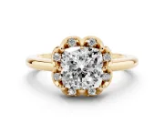 Cushion Cut Scalloped Petal Halo Engagement Ring Setting | Plain Band | Yellow Gold