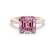 Fancy Pink Asscher Cut Diamond Solitaire Ring Set in Rose gold with Prong Setting on a Plain Round Band