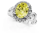 Fancy Yellow Oval Cut Diamond Halo Ring Set in Platinum with Scrollwork Band and Prong Setting