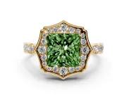 Princess Cut Scalloped Halo Engagement Ring Setting for a Fancy Green Lab-Grown Diamond | Pave Band | Yellow Gold