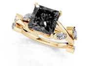 Princess Cut Twisted Vine Engagement Ring Setting for a Black Center | Marquise Leaves | Yellow Gold