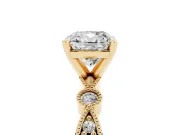 Cushion Cut Diamond Solitaire Engagement Ring Set in Yellow gold with Milgrain Bezel Accent Band