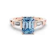 Fancy Blue Emerald Cut Diamond Solitaire Ring Set in Rose gold with Tapered Baguette Accents and Prong Setting