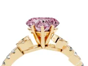 Fancy Pink Heart Cut Diamond Solitaire Leaf-Inspired Ring Set in Yellow gold with Pavé Band and Prong Setting