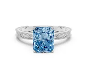 Fancy Blue Radiant Cut Diamond Solitaire Milgrain Engraved Band Set in White gold with Prong Setting