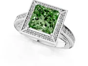 Fancy Green Princess Cut Diamond Halo Pavé Split Shank Ring Set in Silver with Prong Setting