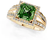 Asscher Cut Halo Engagement Ring Setting for a Fancy Green Lab-Grown Diamond | Two-Row Pave Split Shank | Yellow Gold