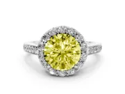 Fancy Yellow Round Cut Diamond Floral Halo Ring Set in Platinum with Pavé Band and Prong Setting