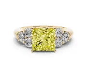 Fancy Yellow Princess Cut Diamond Cluster Ring Set in Yellow gold with Round Accent Stones and Prong Setting on a Plain Band